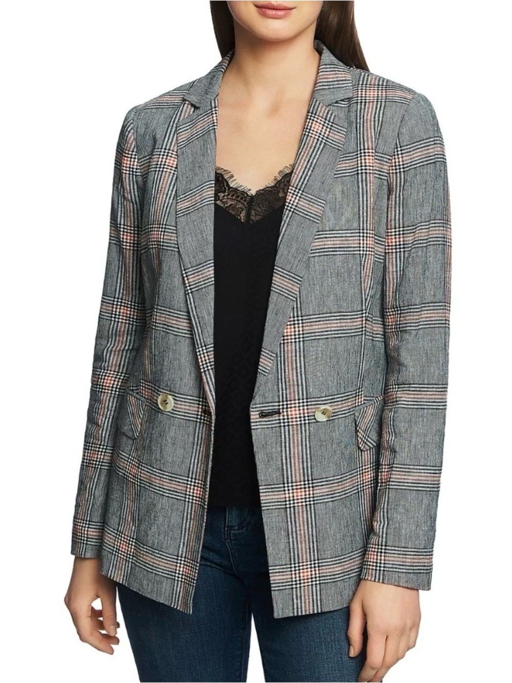 1.STATE Plaid Double-Breasted Linen Blend Blazer Office Work Career Sz 6